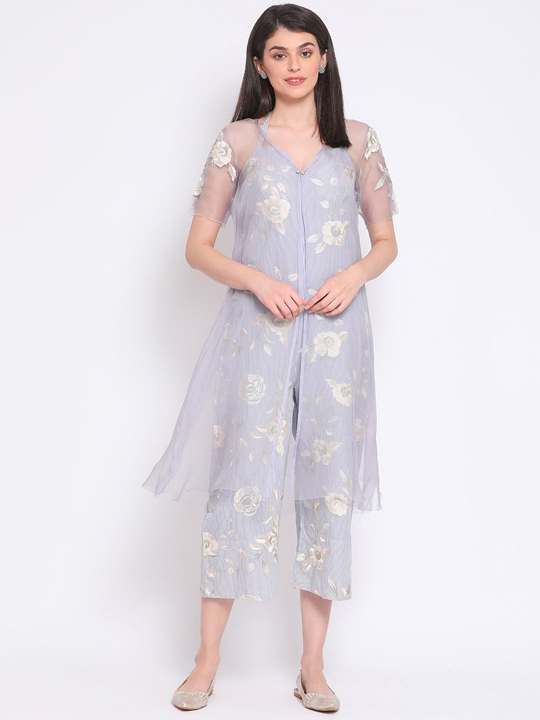 JUMPSUIT IN EMBROIDERED COTTON WITH EMBROIDERED ORGANZA SHRUG