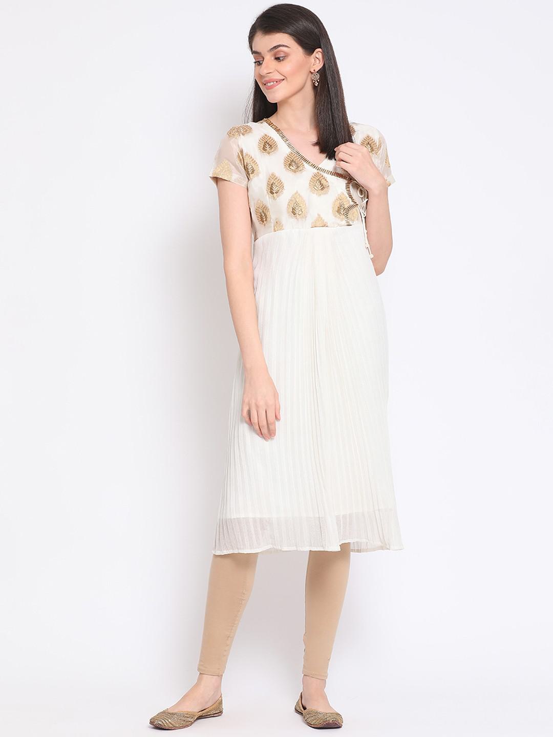 IVORY & GOLD POLY CRINKLE SILK KURTA WITH GOLD EMBROIDERY