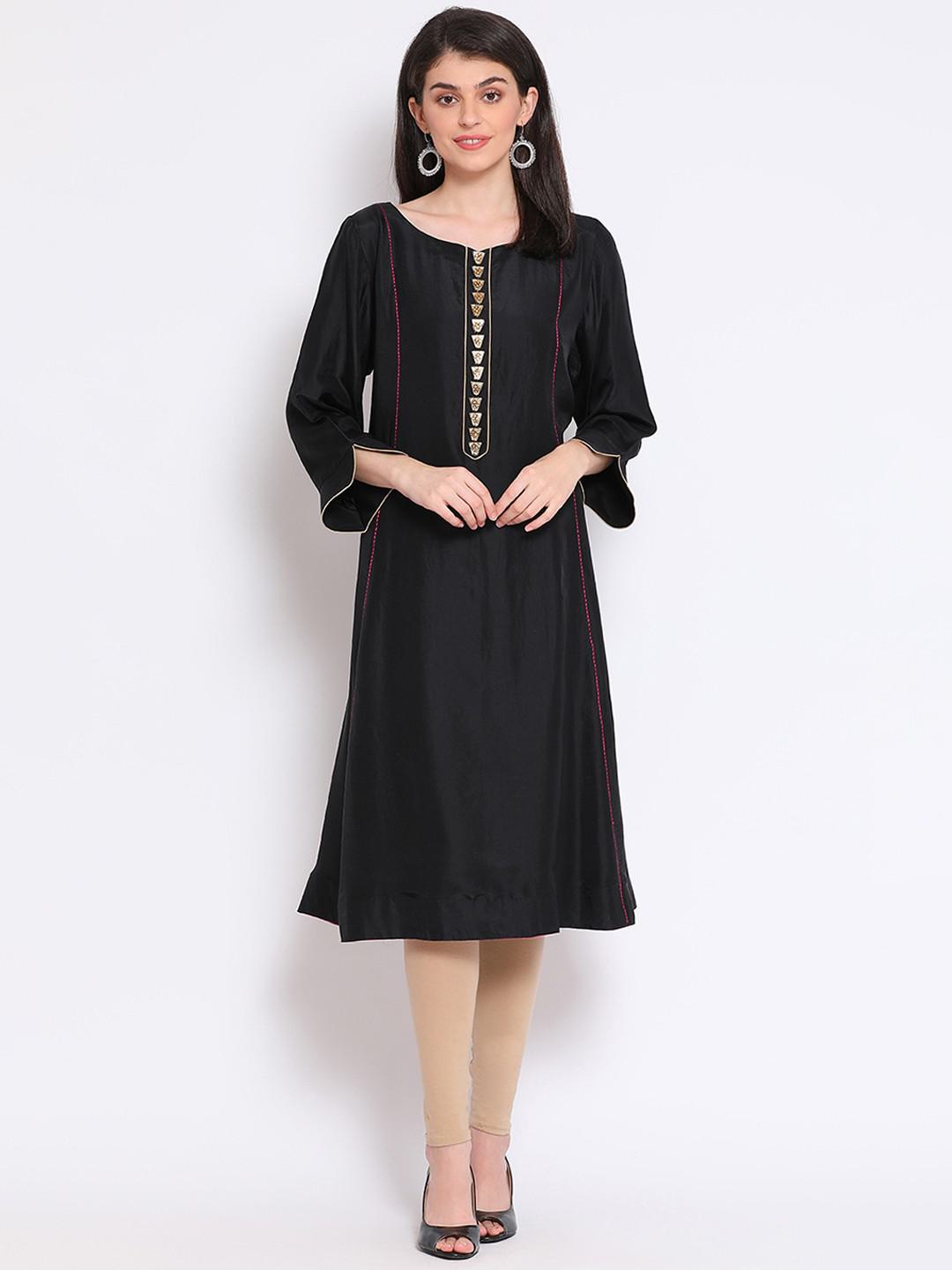 HABUTAI SILK PANELLED KURTA IN BLACK WITH PINK EMBROIDERY