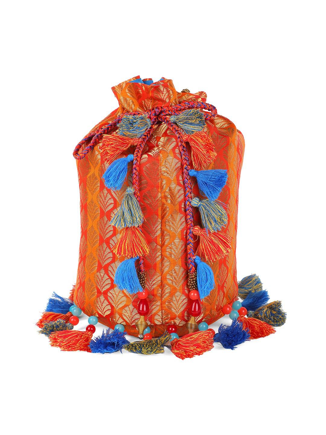 ORANGE & GOLD BROCADE POTLI BAG WITH TASSELS