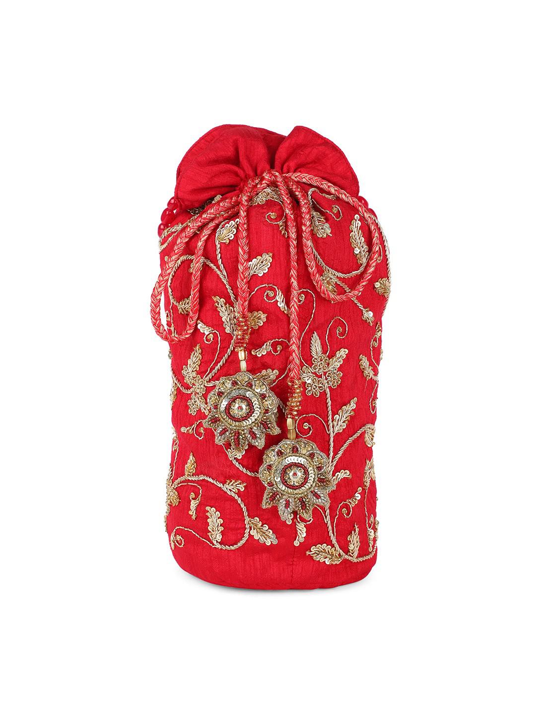 RED DUPION SILK HEAVY HAND EMBROIDERED POTLI BAG WITH LATKANS