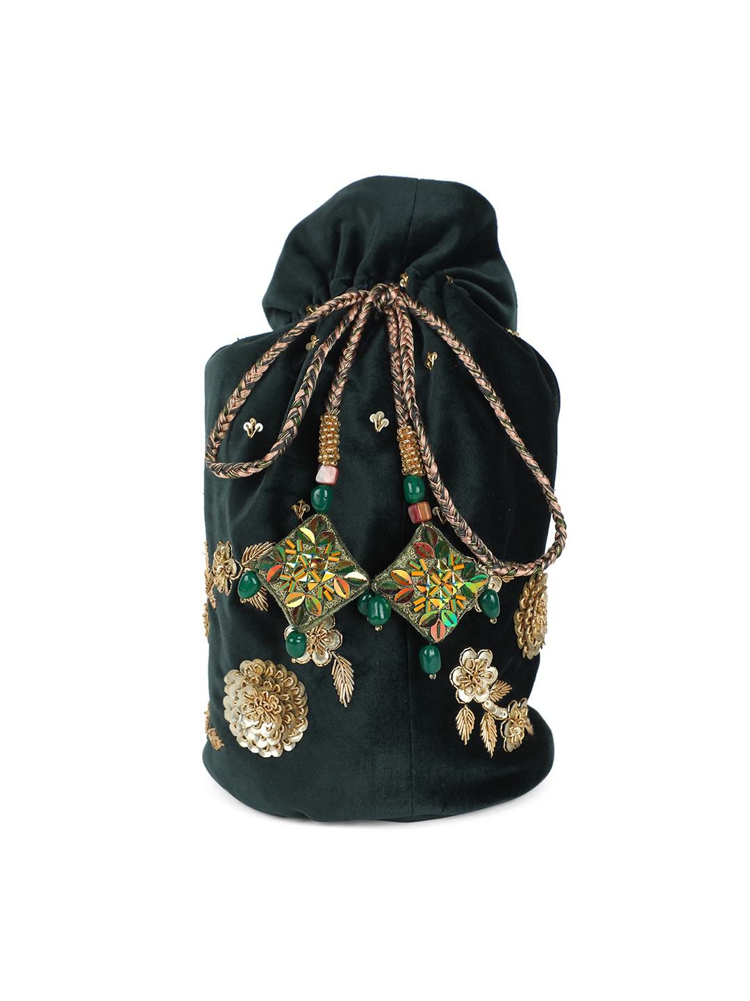 EMERALD GREEN VELVET HEAVY EMBROIDERED POTLI BAG WITH LATKANS