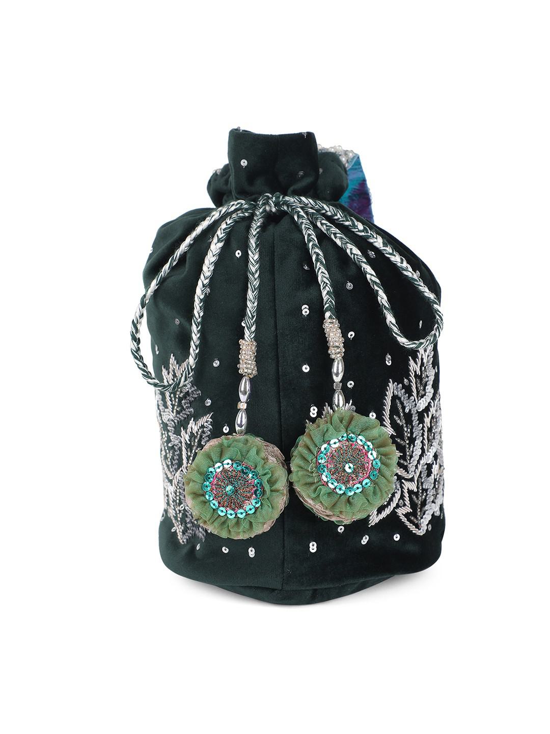 JUNIPER GREEN VELVET POTLI BAG WITH HEAVY EMBROIDERY & LATKANS