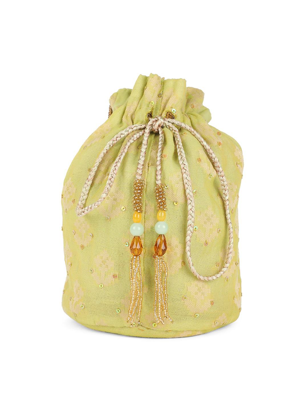 SEA GREEN WOVEN POTLI BAG WITH BEADED HANDLE & LATKANS