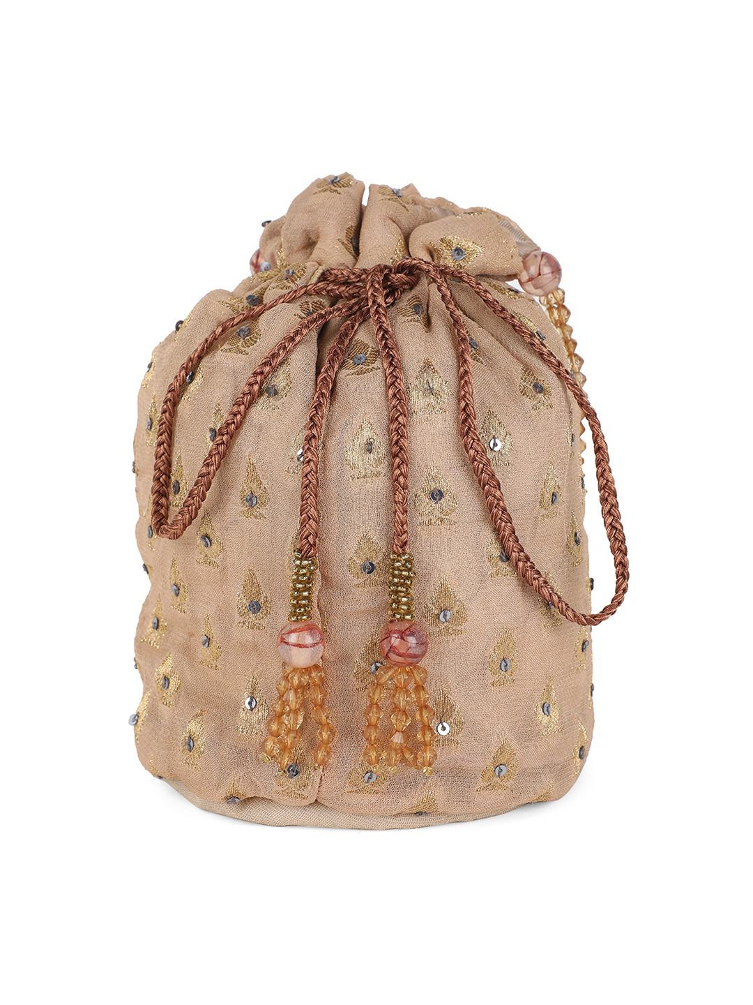 BEIGE GOLD WOVEN POTLI BAG WITH BEADED HANDLE & LATKANS