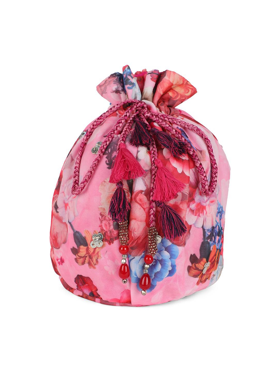 BABY PINK FLORAL NET POTLI BAG WITH BEADED HANDLE & LATKANS