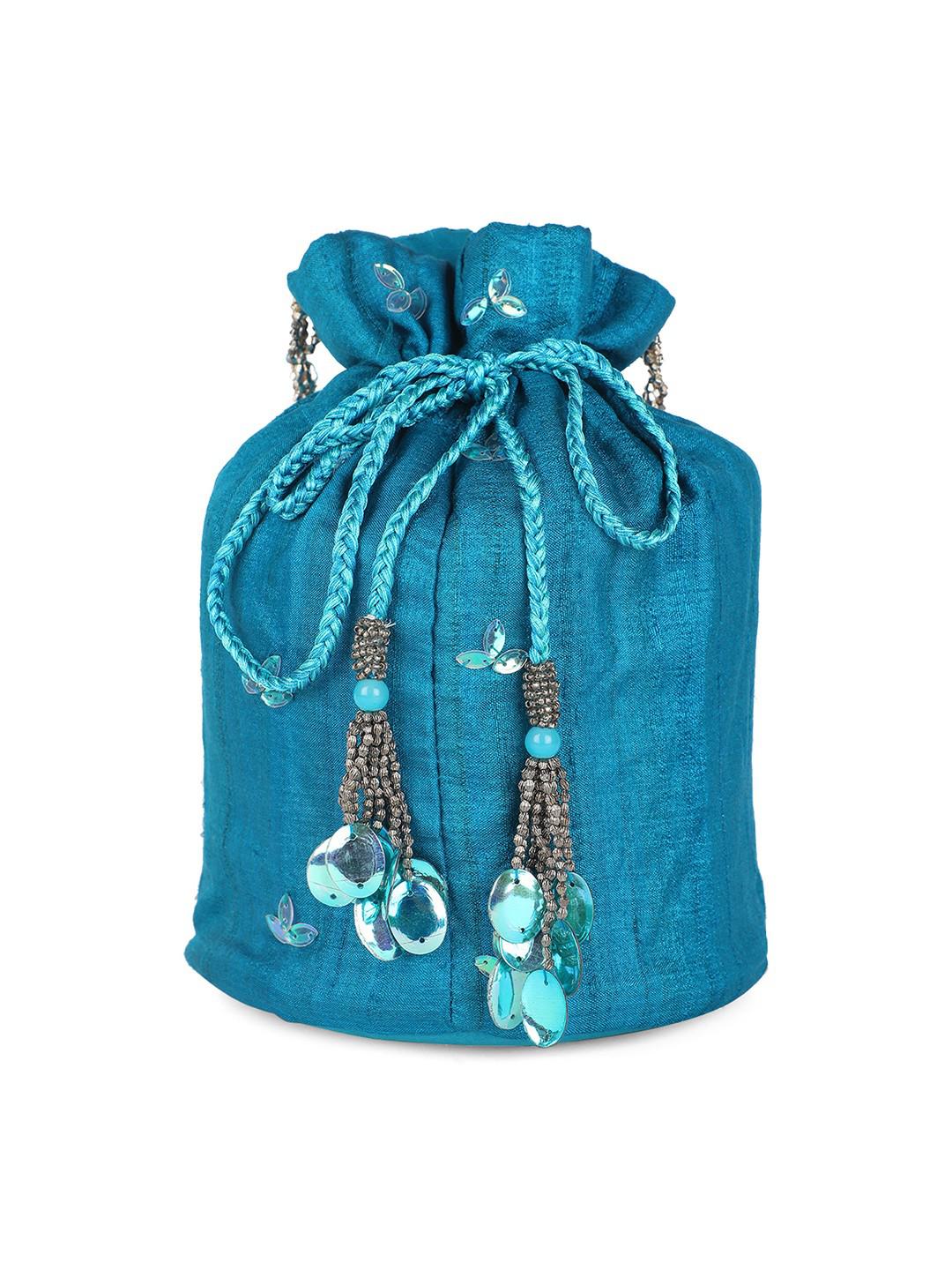 BLUE SILK POTLI BAG WITH BEADED HANDLE & LATKANS