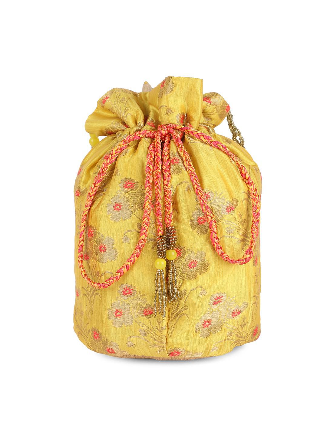 LIME GREEN WOVEN SILK POTLI BAG WITH BEADED HANDLE & LATKANS