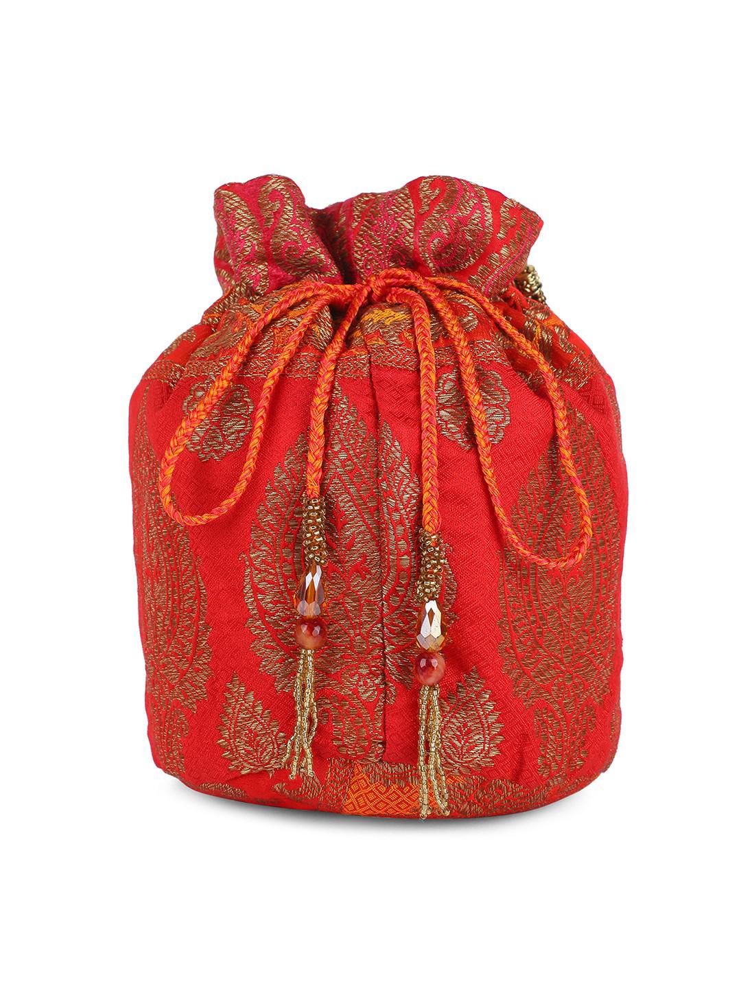 ORANGE & RED BROCADE POTLI BAG WITH BEADED HANDLE & LATKANS