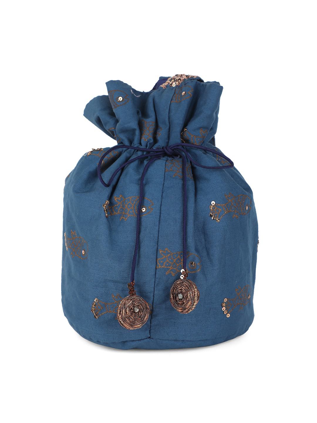 BLUE COTTON CHANDERI POTLI BAG WITH BEADED HANDLE & LATKANS