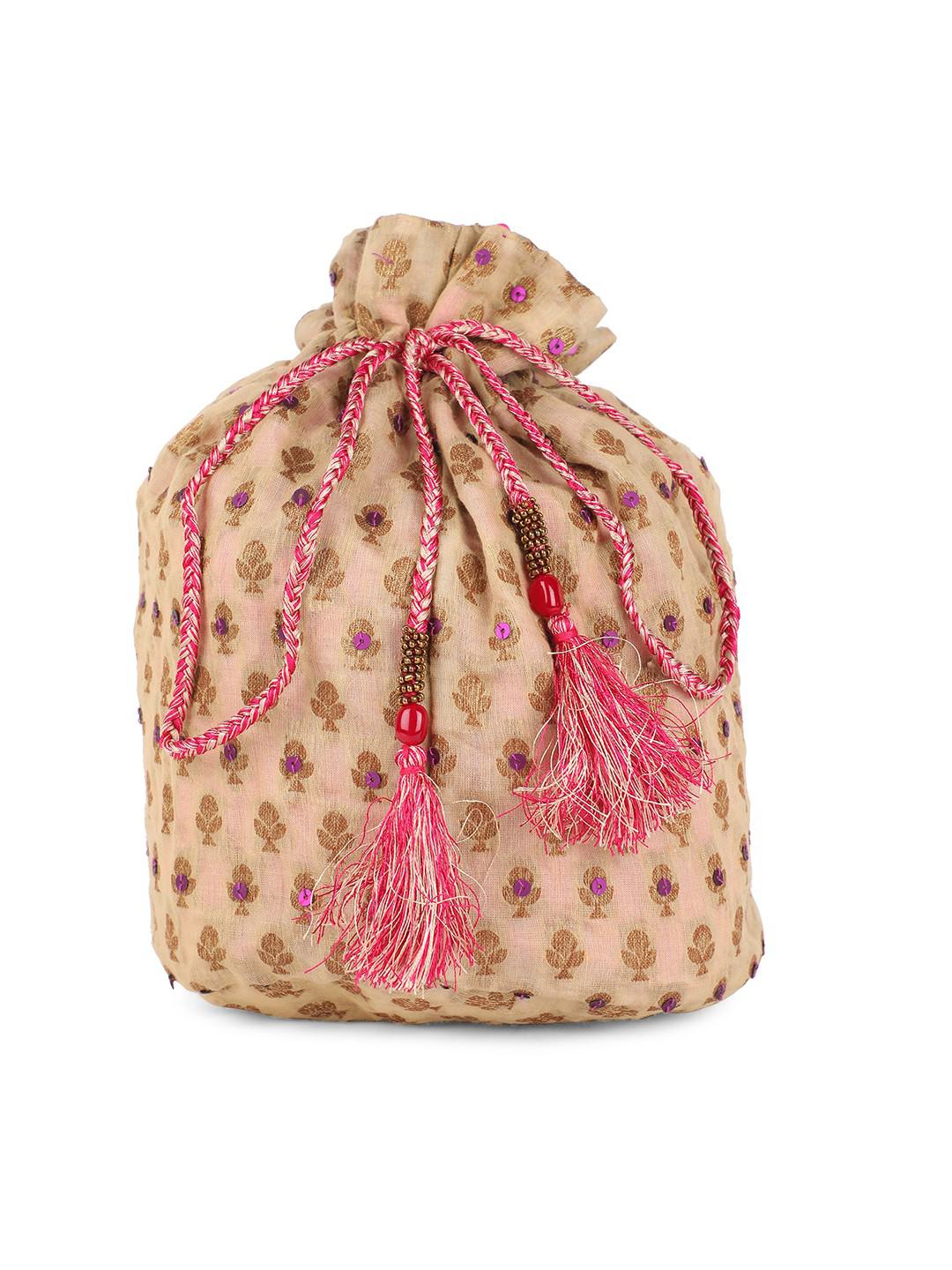 BEIGE WOVEN CHANDERI POTLI BAG WITH BEADED HANDLE & LATKANS