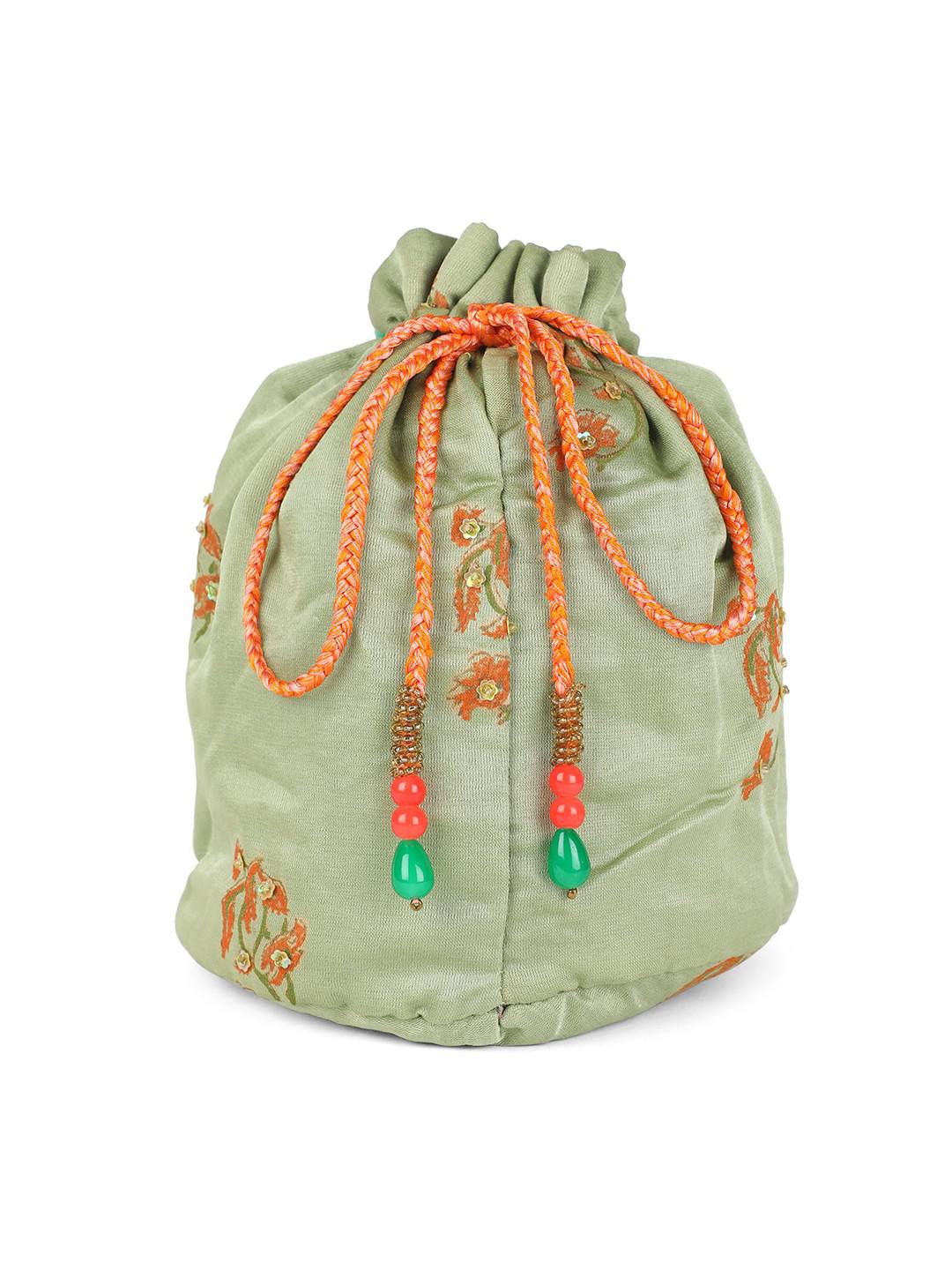 PISTACHIO GREEN GLAZE COTTON HAND BLOCK PRINTED POTLI BAG WITH BEADED HANDLE & LATKANS