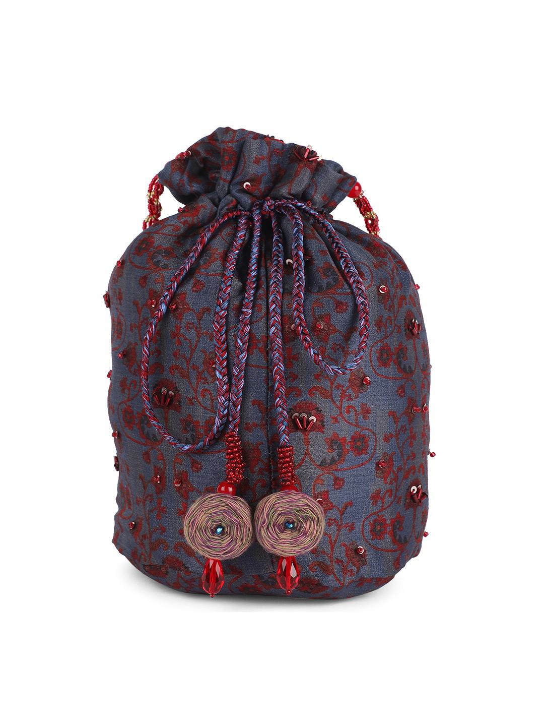 BLUE & RED PRINTED COTTON POTLI BAG WITH BEADED HANDLE & LATKANS