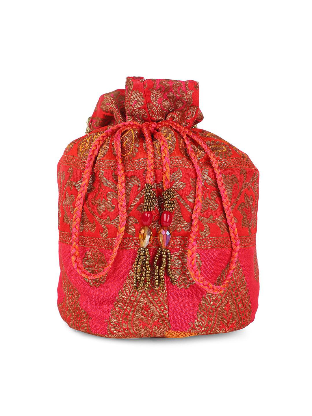 ORANGE & RED BROCADE POTLI BAG WITH BEADED HANDLE & LATKANS