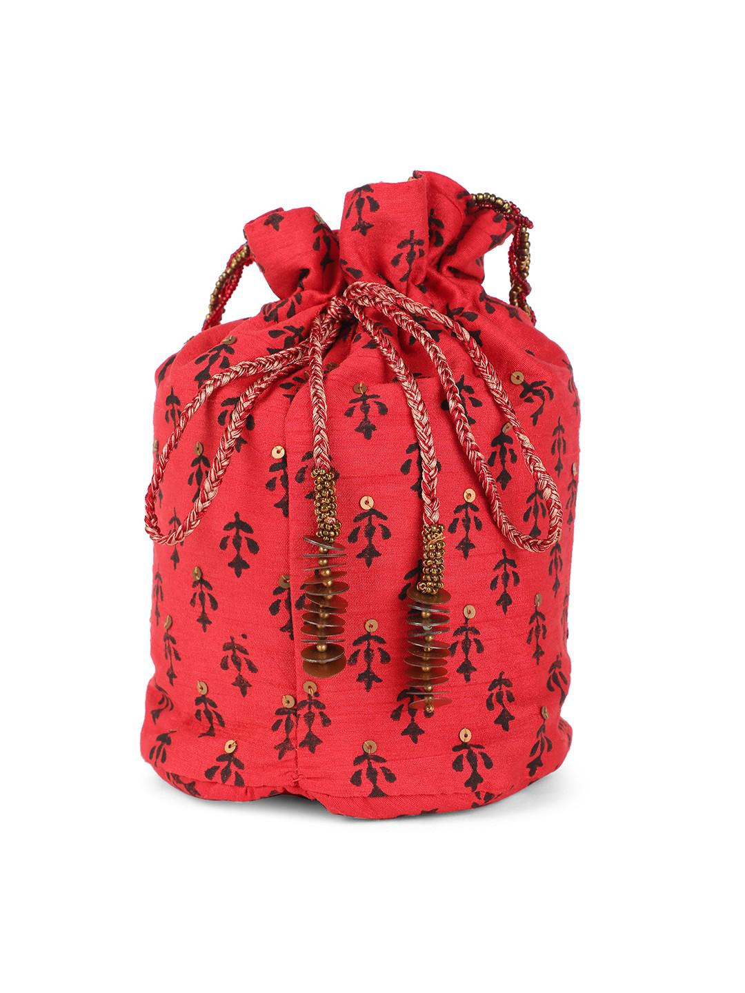 RED & BLACK COTTON HAND BLOCK PRINTED POTLI BAG WITH BEADED HANDLE & LATKANS