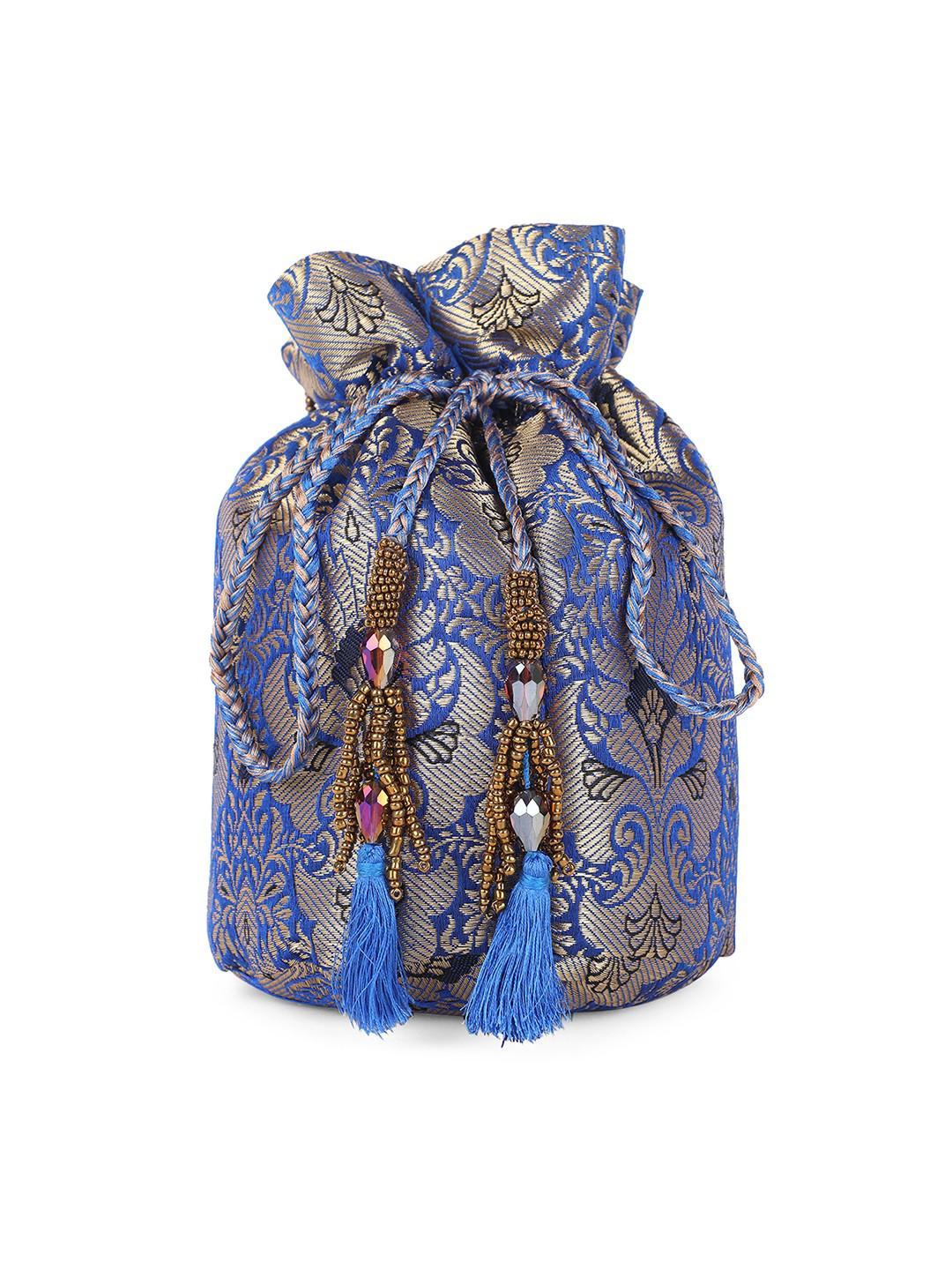 ELECTRIN BLUE BROCADE POTLI BAG WITH BEADED HANDLE & LATKANS