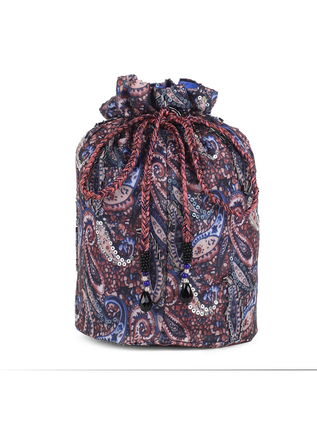 BLUE & BROWN PRINTED POLYESTER POTLI BAG WITH BEADED HANDLE & LATKANS