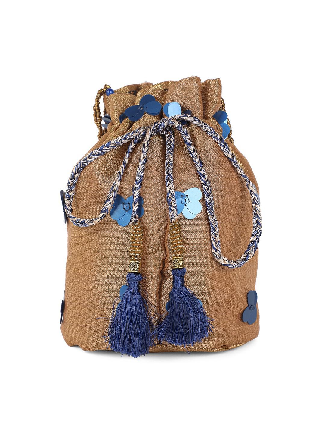 GOLD & BLUE BROCADE POTLI BAG WITH BEADED HANDLE & LATKANS