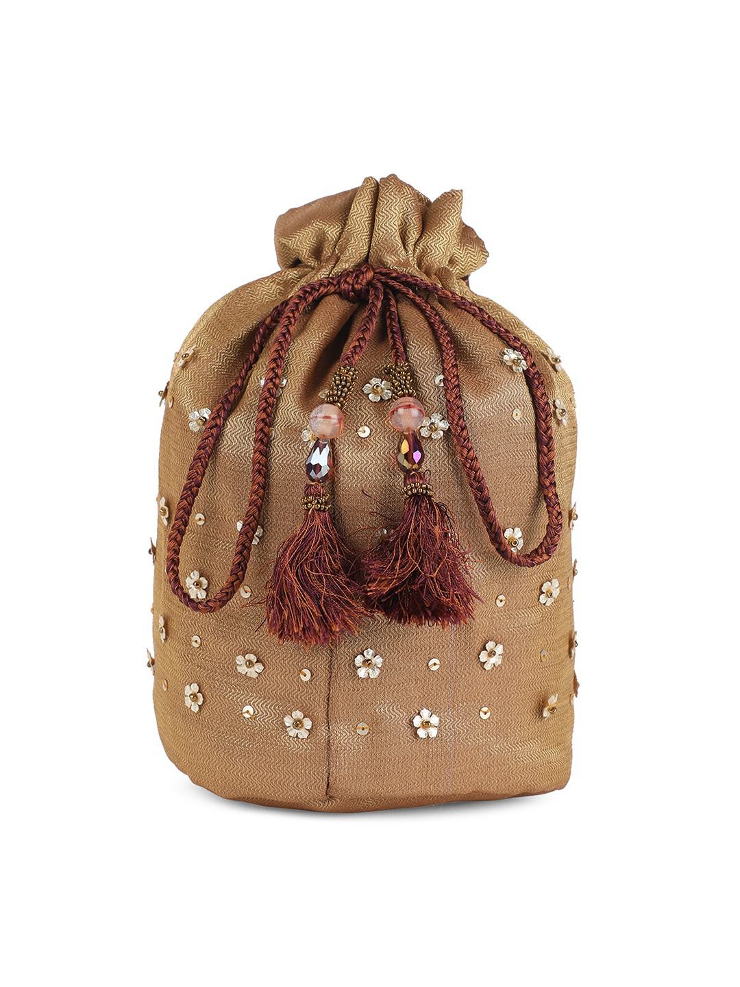 GOLD BROCADE POTLI BAG WITH BEADED HANDLE & LATKANS