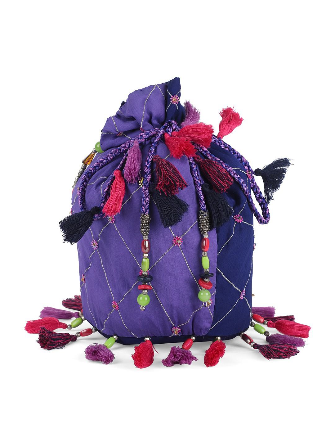 BERRY PURPLE GEORGETTE POTLI BAG WITH BEADED HANDLE & LATKANS