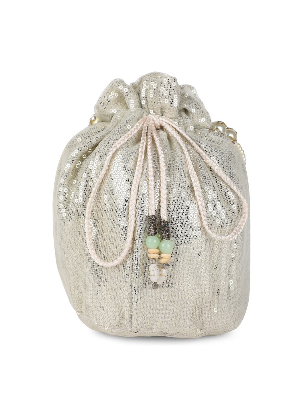 SILVE SHEATING GEORGETTE& NET POTLI BAG WITH BEADED HANDLE & LATKANS