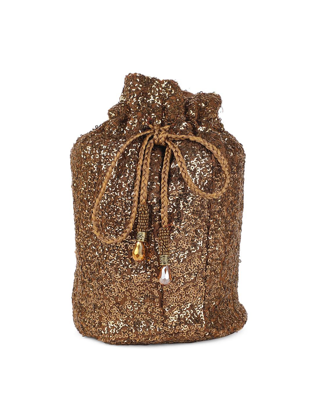 COPPER BRONZE SEQUINS FABRIC POTLI BAG WITH BEADED HANDLE & LATKANS