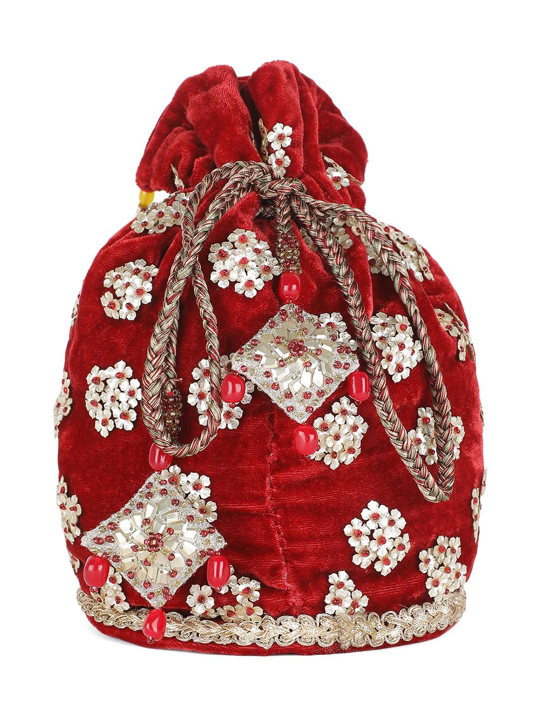 DEEP RED VELVET EMBROIDERED POTLI BAG WITH SEQUIN LATKANS