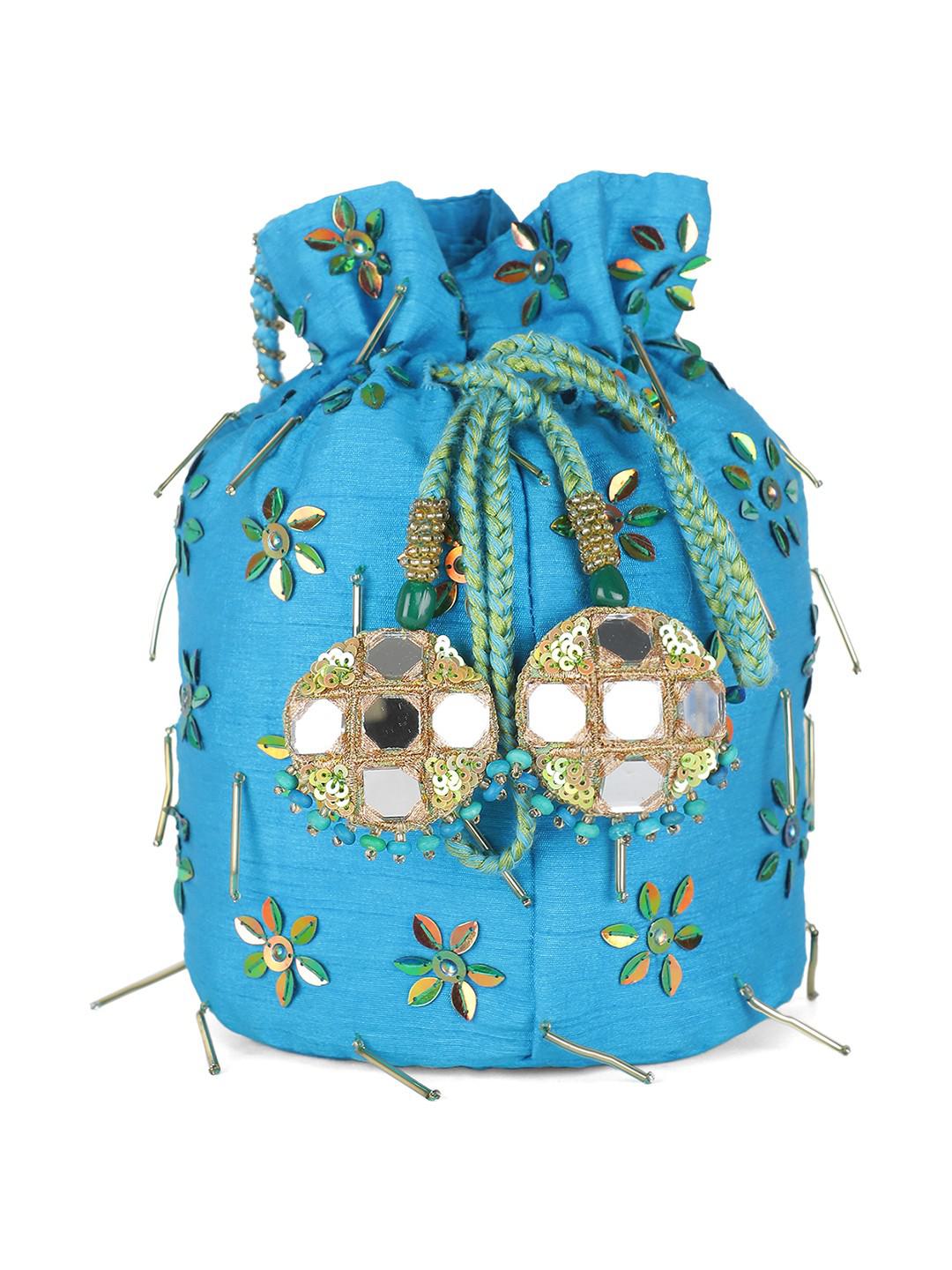 ELECTRIC BLUE DUPION SILK HAND EMBROIDERED POTLI BAG WITH SEQUIN LATKANS