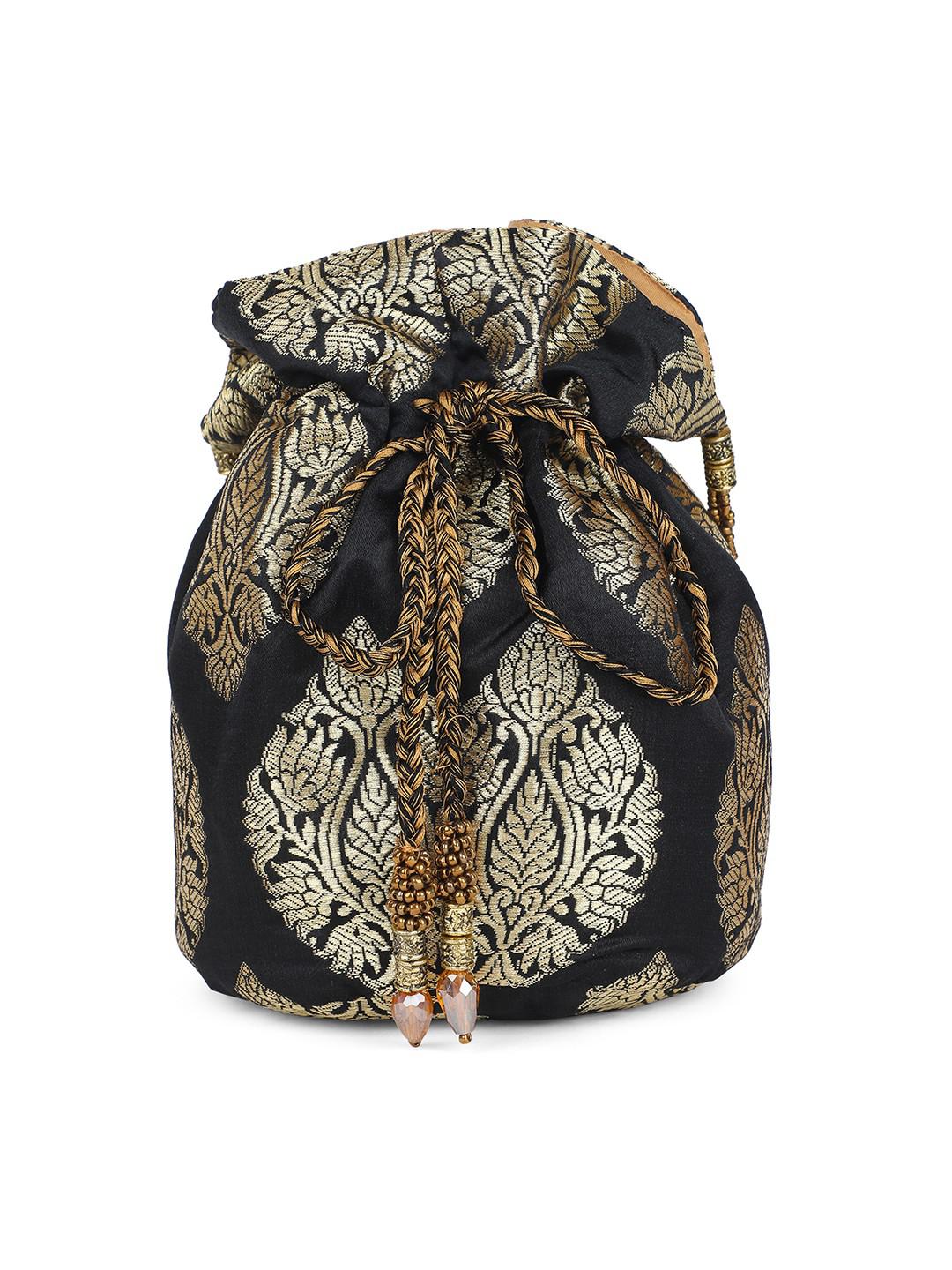 BLACK BROCADE POTLI BAG WITH BEADED HANDLE & LATKANS