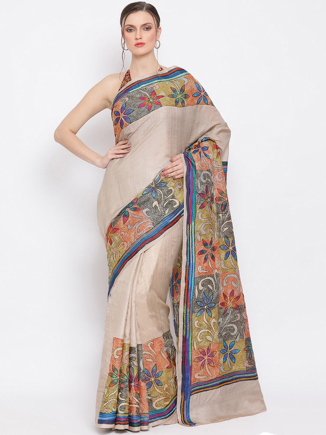 IVORY PABNA SILK WITH MULTICOLOUR KANTHA EMBROIDERY