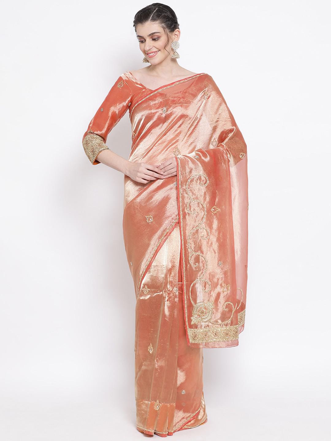 CORAL COLOUR PURE TISSUE SAREE WITH ZARDOZI EMBROIDERY