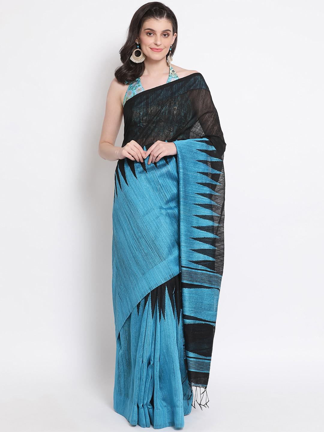 MIDNIGHT BLUE & BLACK PURE GICHA JAMDANI SAREE WITH GEOMETRIC WEAVES