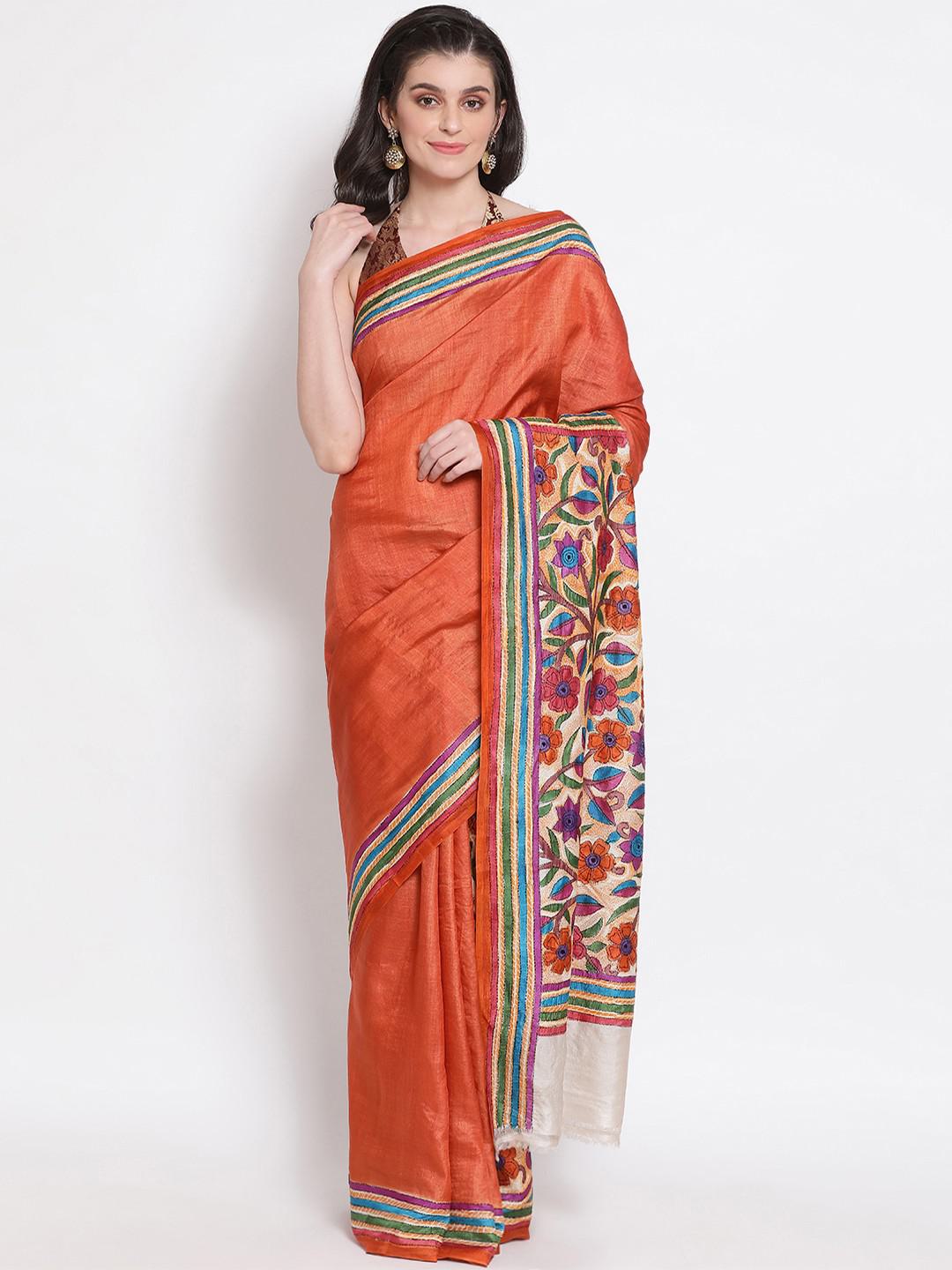 RUST ORANGE COLOUR PABNA SILK WITH DIGITAL KANTHA PRINT