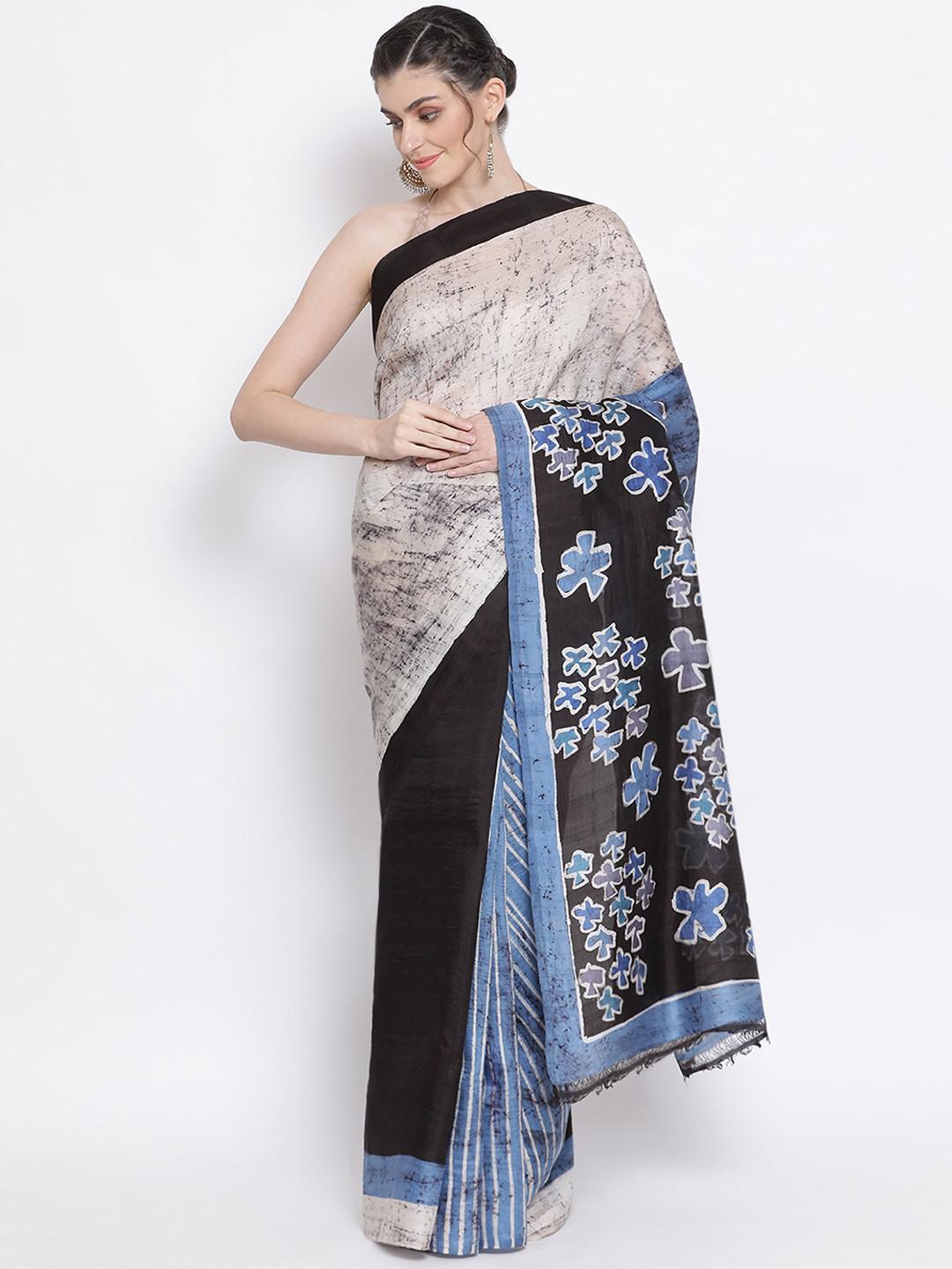 CHARCOAL BLACK RAJSHAHI SILK WITH INDIGO DIGITAL PRINT