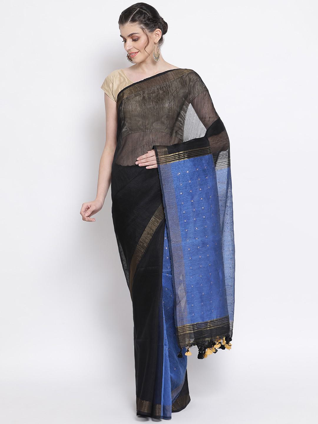 BLUE & BLACK LINEN MUSLIN GICHA WITH SEQUINS BORDER