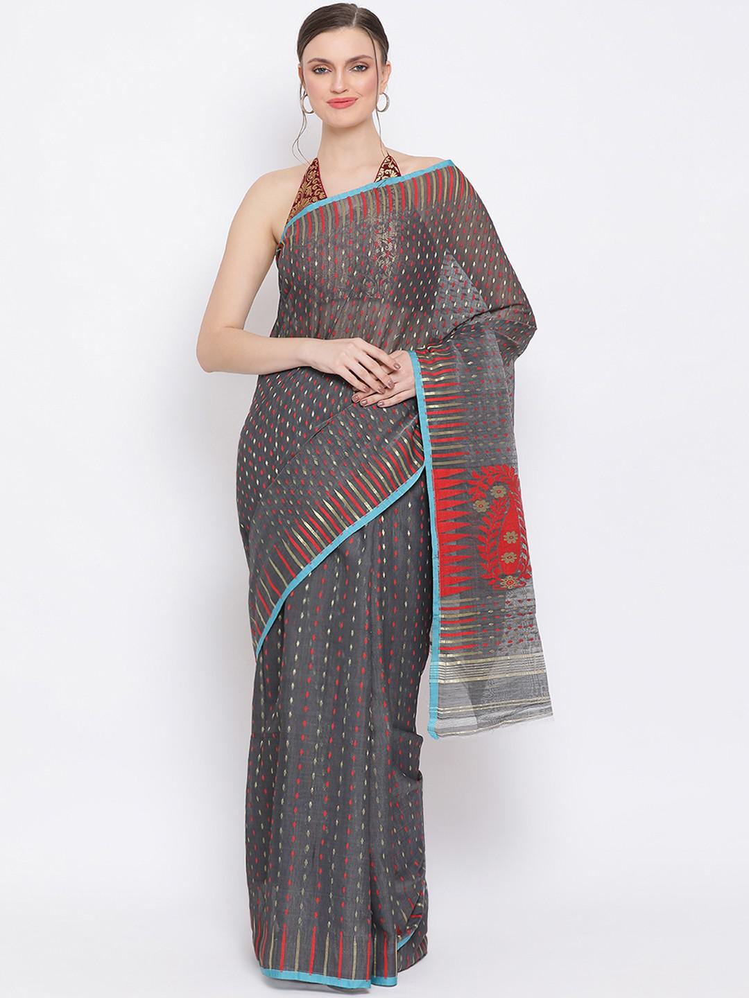 SMOKY CHARCOAL GREY WITH RED GOLD MUSLIN DHAKAI JAMDANI WITH MUNGA