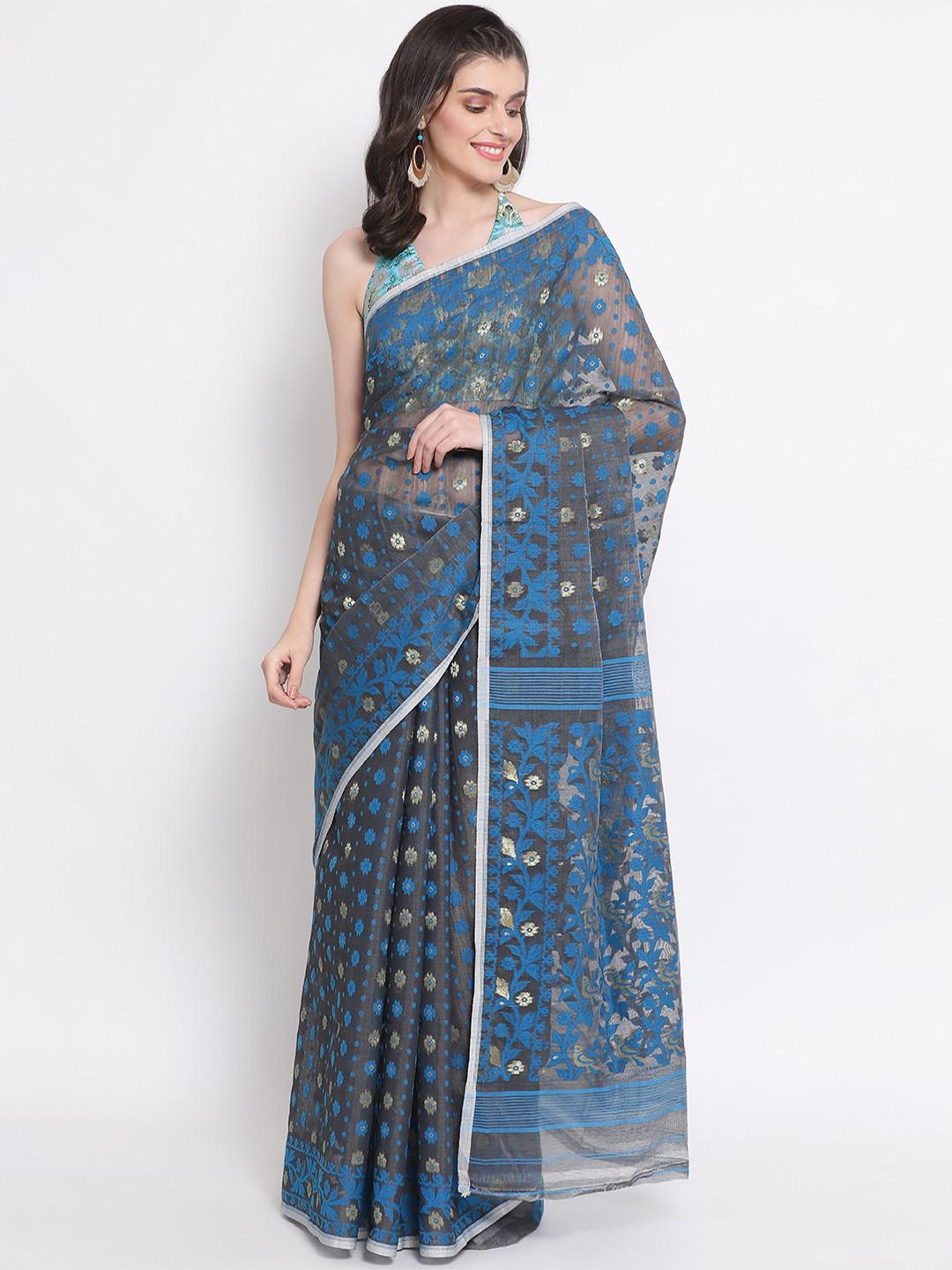 CHARCOAL BLUE AND GOLD MUSLIN DHAKAI JAMDANI WITH MUNGA JAMDANI