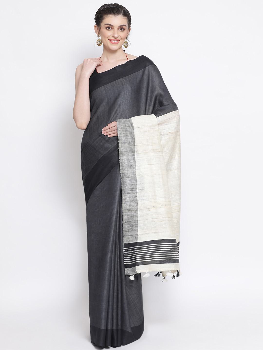 BLACK & WHITE DHAKAI SILK WITH GICHA AANCHAL IN IVORY & GREY HUES