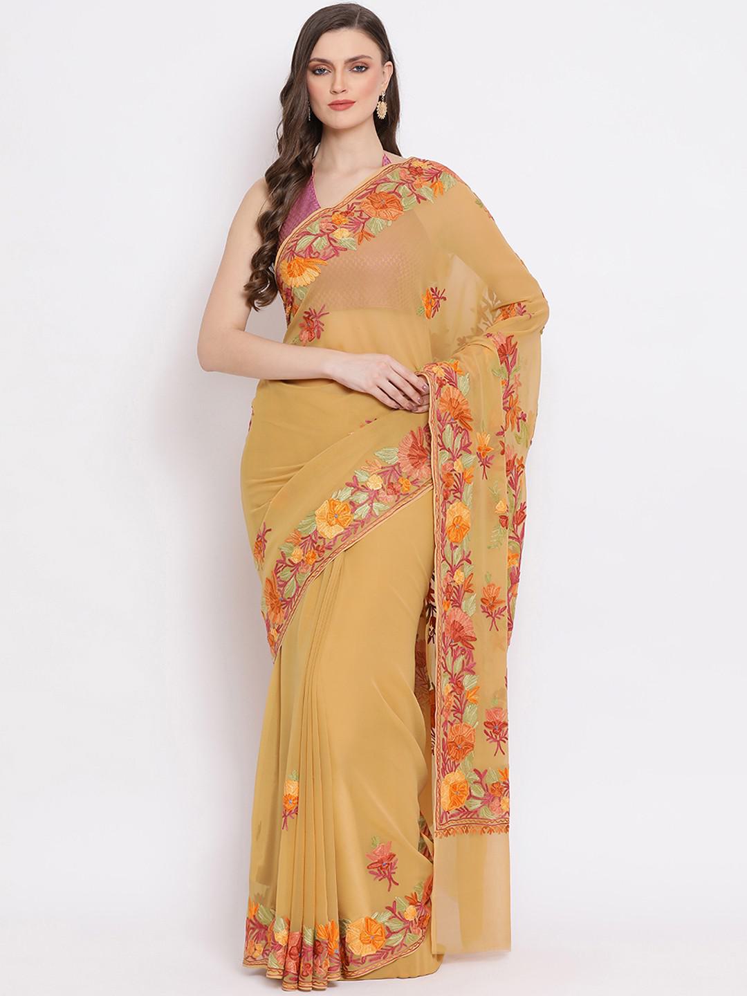 DARK CARAMEL COLOUR PURE KASHMIRI GEORGETTE SAREE WITH AARI EMBROIDERY ALL OVER