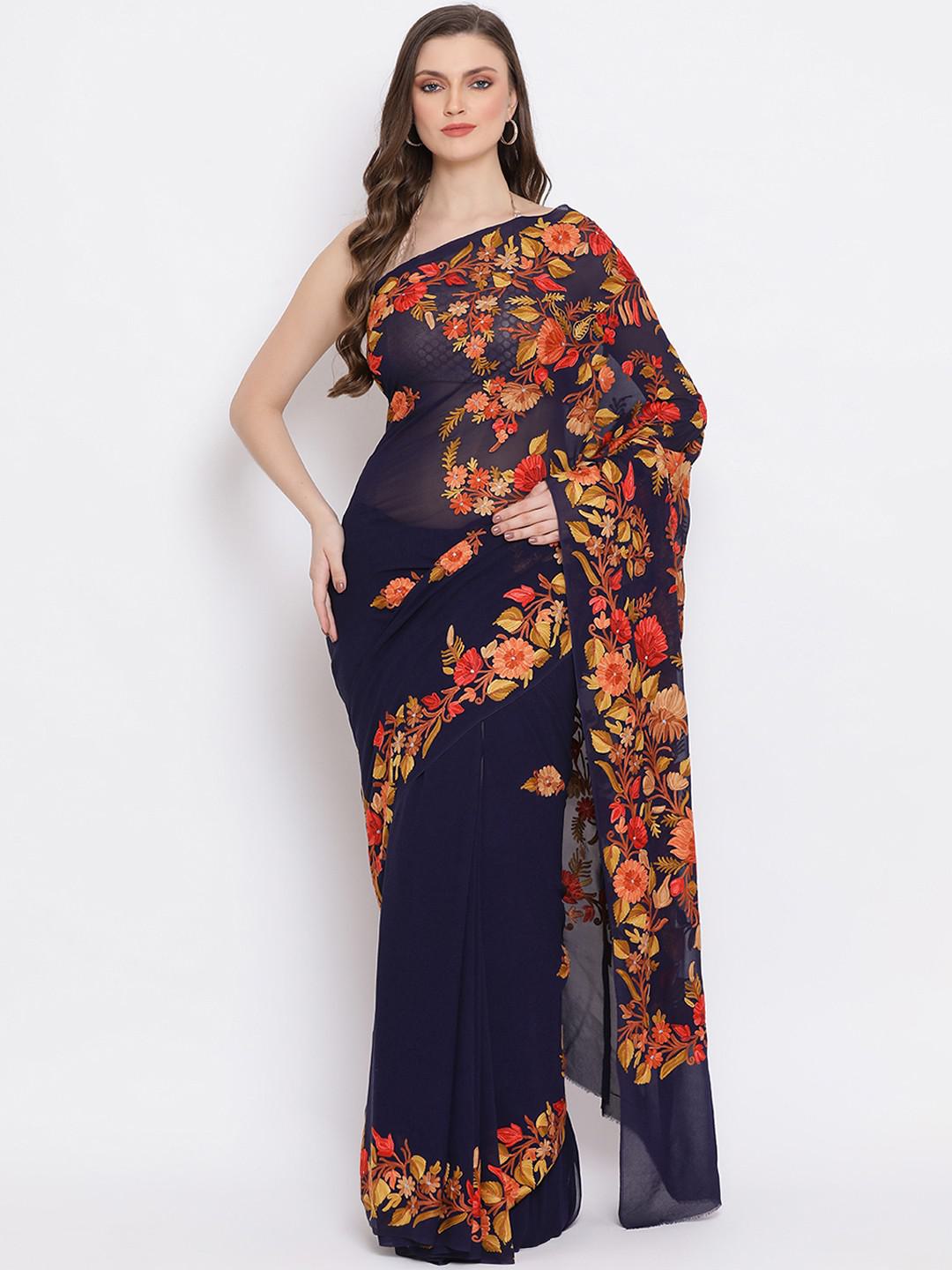 NAVY BLUE PURE KASHMIRI CHIFFON WITH AARI EMBROIDERY ALL OVER