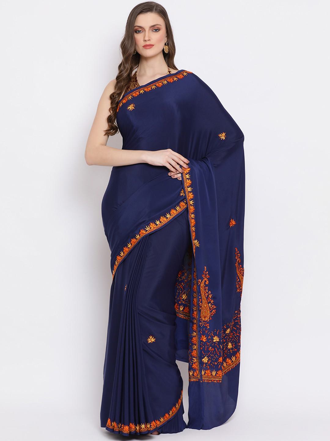 NAVY BLUE KASHMIRI PURE CREPE SILK SAREE WITH SOZNI EMBROIDERY ON BORDER AND AANCHAL