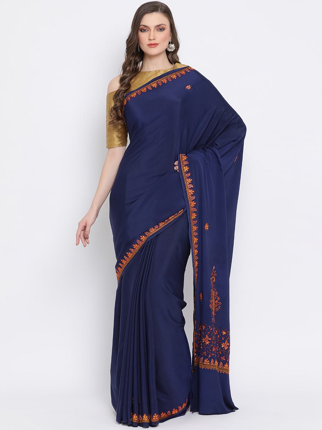 NAVY BLUE KASHMIRI PURE CREPE SILK SAREE WITH SOZNI EMBROIDERY ON BORDER AND AANCHAL