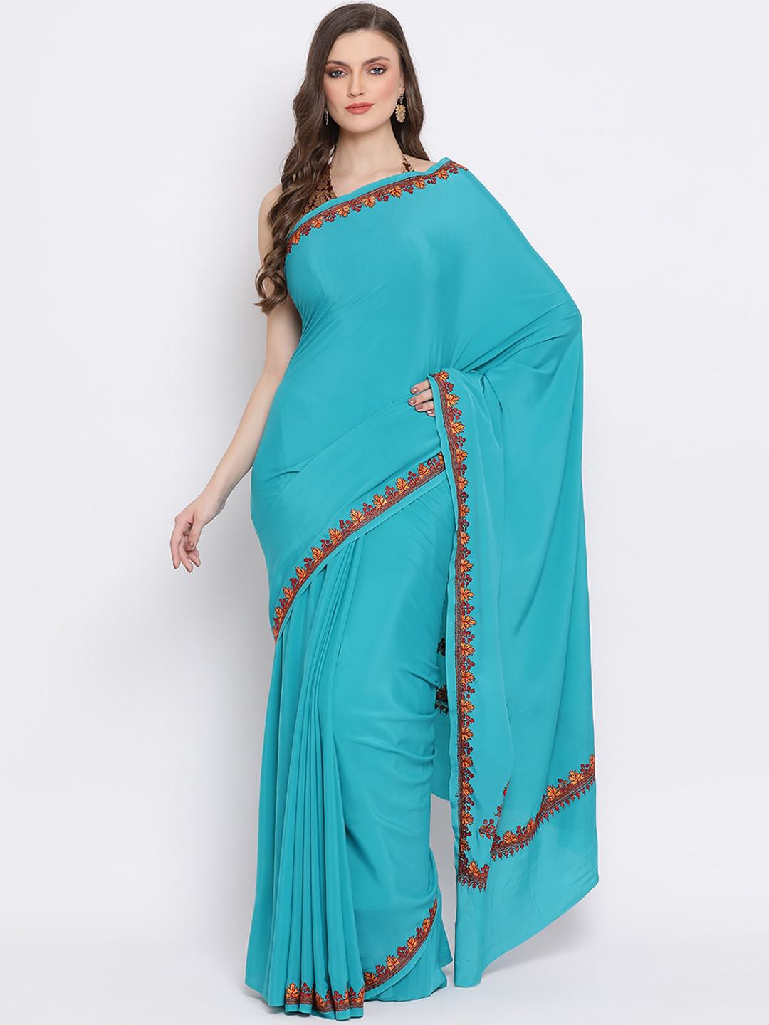 TURQ GREEN KASHMIRI PURE CREPE SILK SAREE WITH SOZNI EMBROIDERY ON BORDER AND AANCHAL