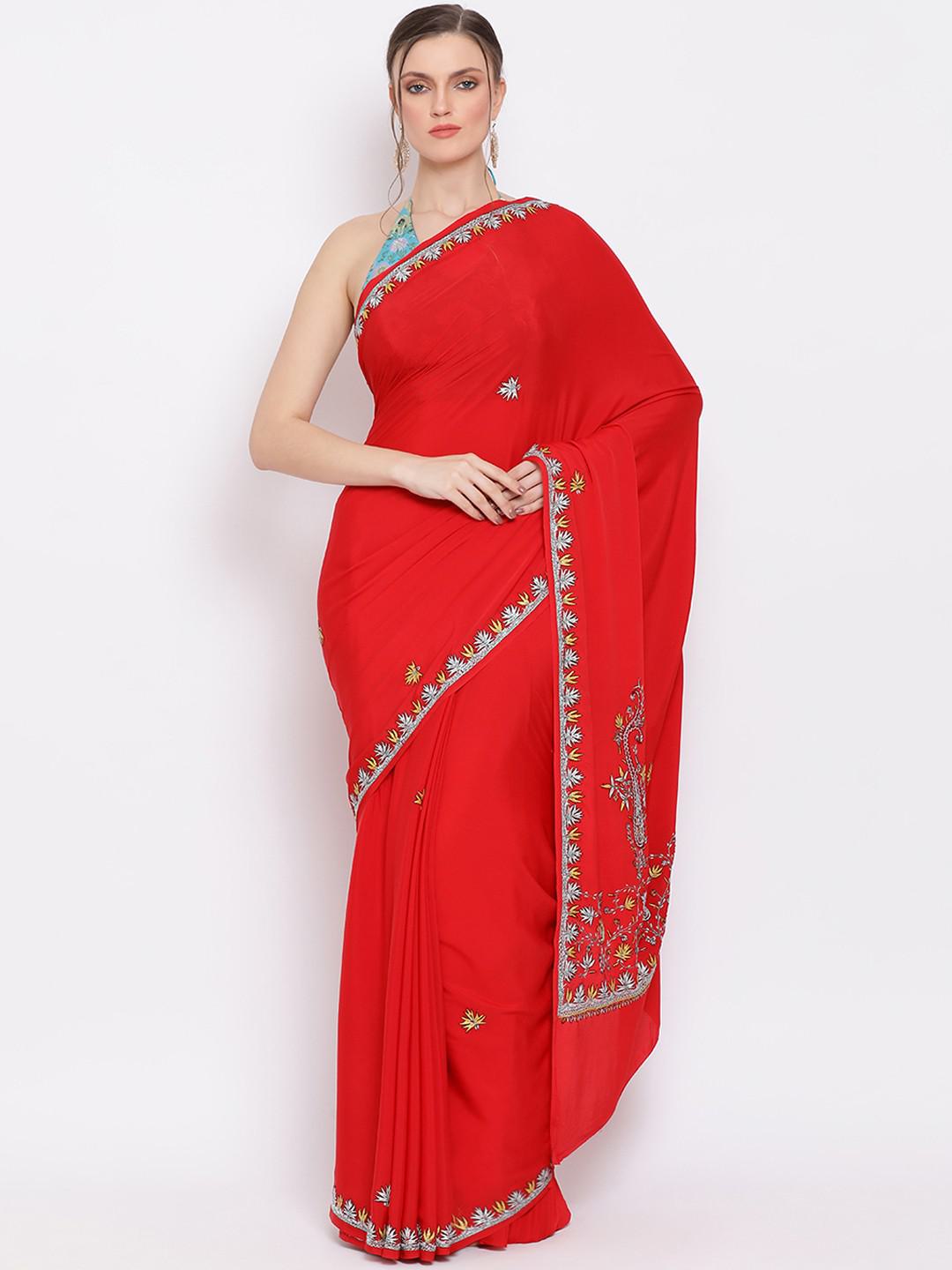 RED KASHMIRI PURE CREPE SILK SAREE WITH SOZNI EMBROIDERY ON BORDER & AANCHAL