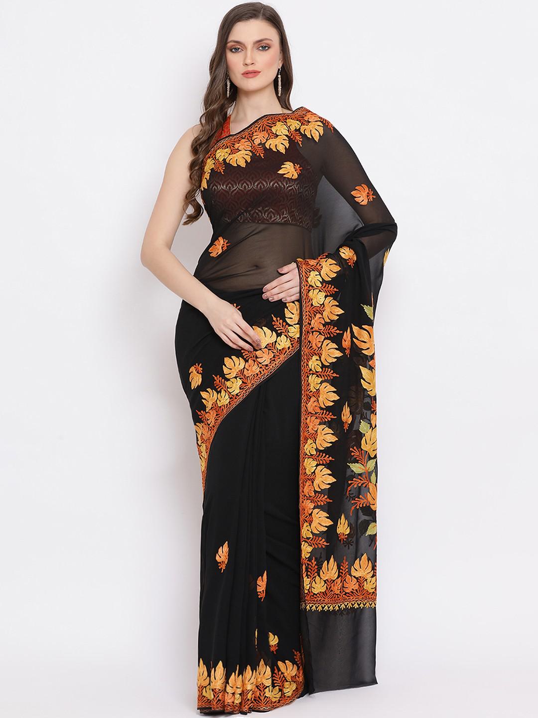 BLACK PURE KASHMIRI GEORGETTE SAREE WITH AARI EMBROIDERY ALL OVER