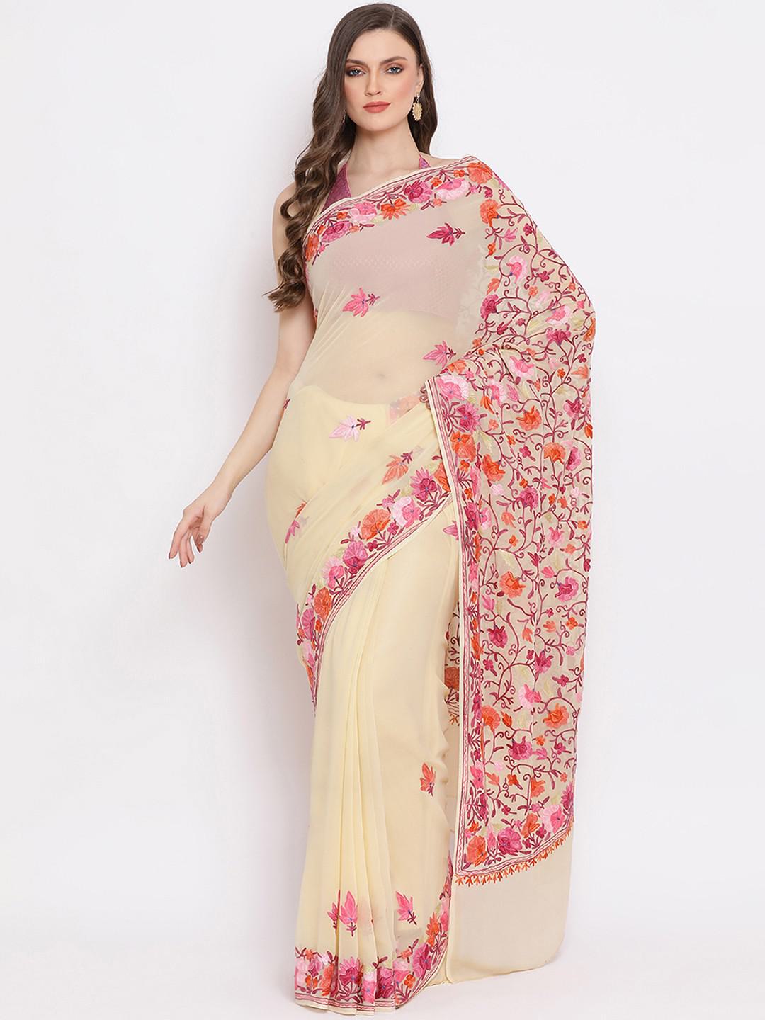 PRIMROSE PINK COLOUR PURE KASHMIRI GEORGETTE SAREE WITH AARI EMBROIDERY ALL OVER