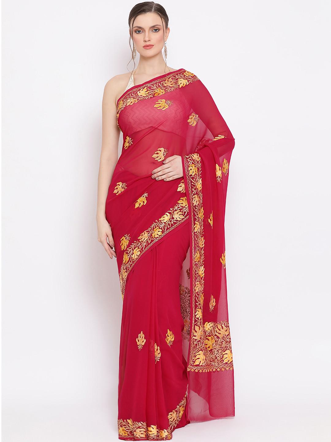 PLUM ROUGE COLOUR PURE KASHMIRI GEORGETTE SAREE WITH AARI EMBROIDERY ALL OVER