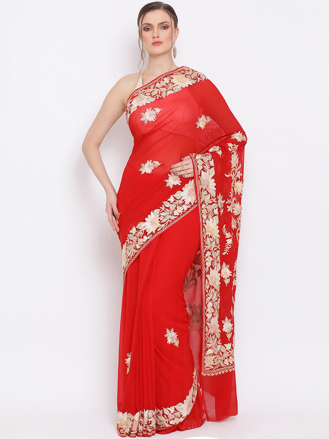 SCARLET RED PURE KASHMIRI GEORGETTE SAREE WITH AARI EMBROIDERY ALL OVER