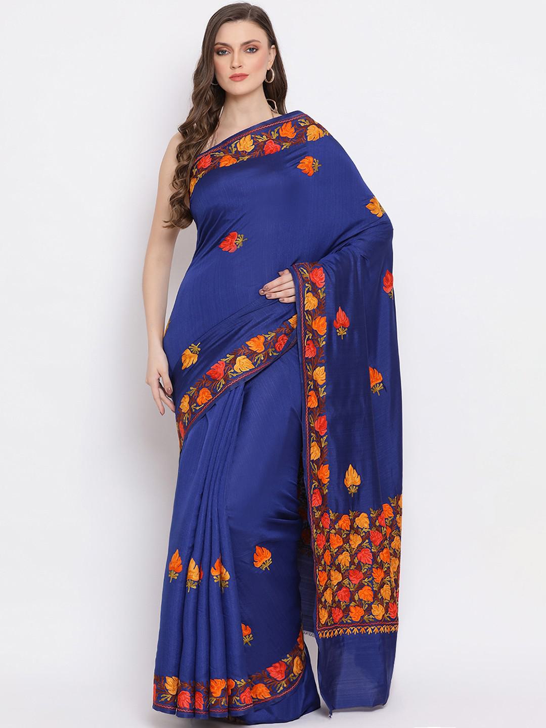 COBALT BLUE SEMI PASHMINA SILK SAREE WITH AARI FLORAL EMBROIDERY ON BORDER & BODY