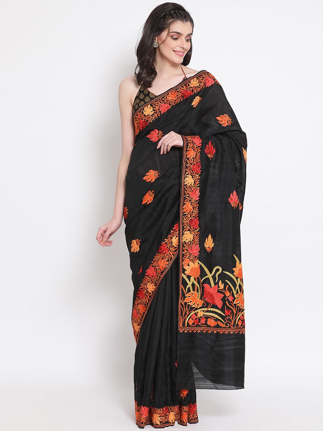 ONYX BLACK SEMI PASHMINA SILK SAREE WITH AARI FLORAL EMBROIDERY ON BORDER & BODY